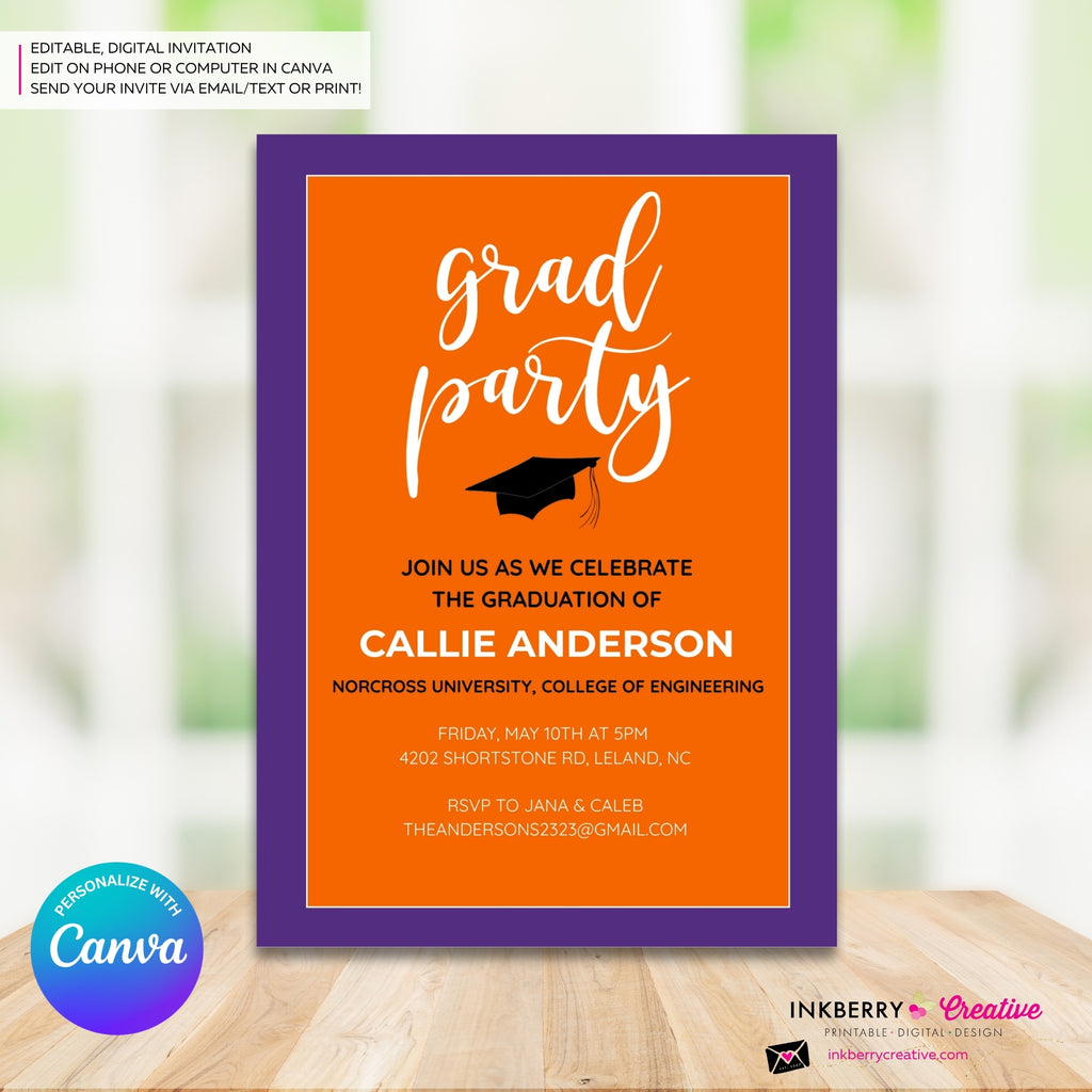 Grad Party Color Block Script - Orange Purple - Custom Color Graduation Invitation or Announcement - Editable in Canva