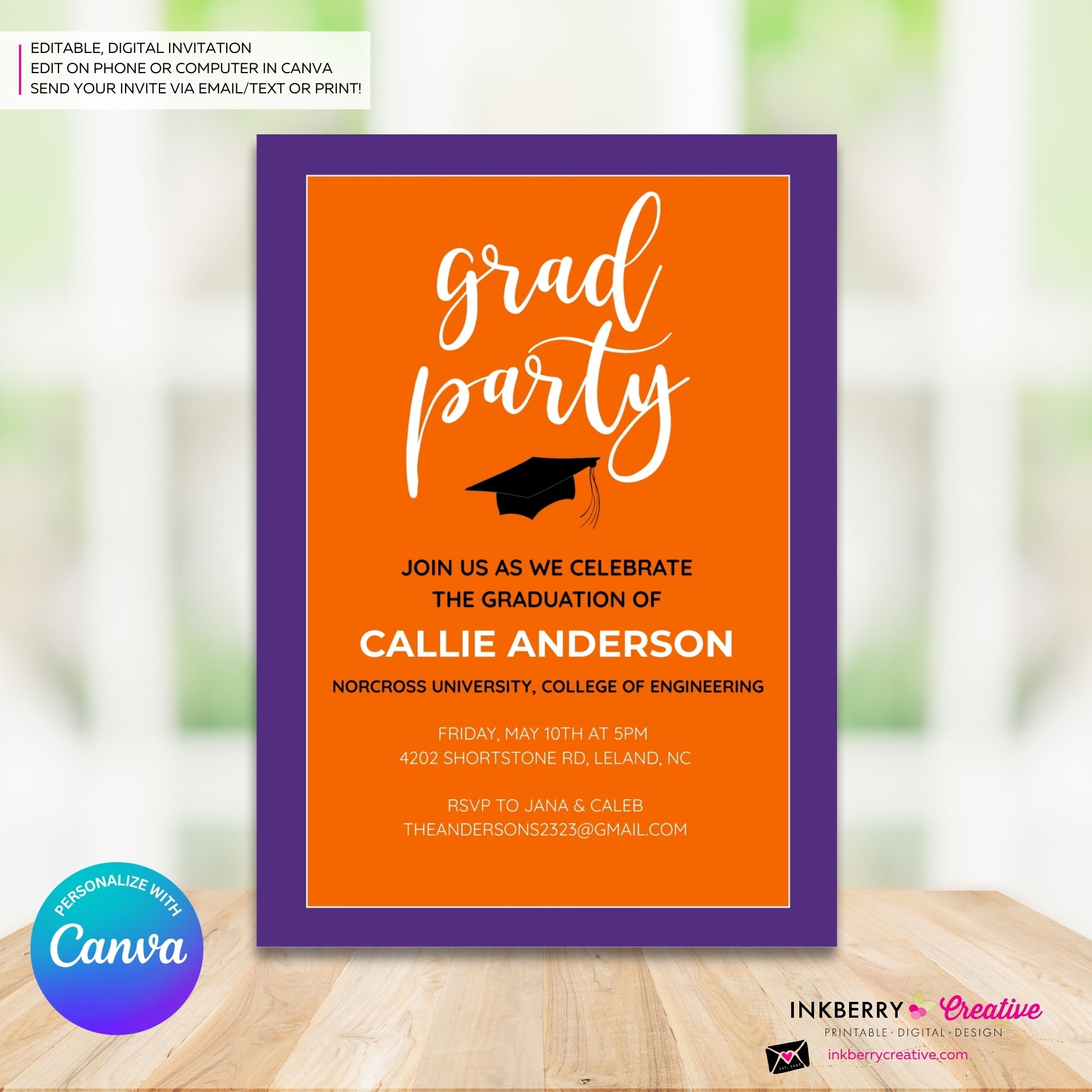 Grad Party Color Block Script - Orange Purple - Custom Color Graduation Invitation or Announcement - Editable in Canva