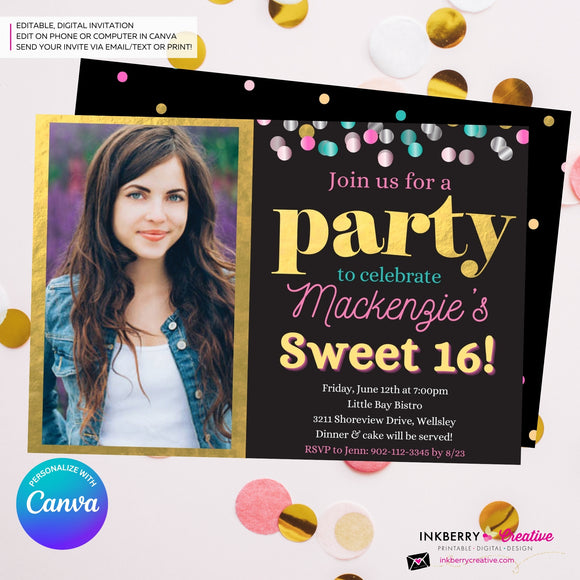 Confetti Pop Photo Party Invitation - Any Age, Any Occasion, Gold, Aqua, Pink Confetti, Birthday Photo invite, Sweet 16, Edit in Canva