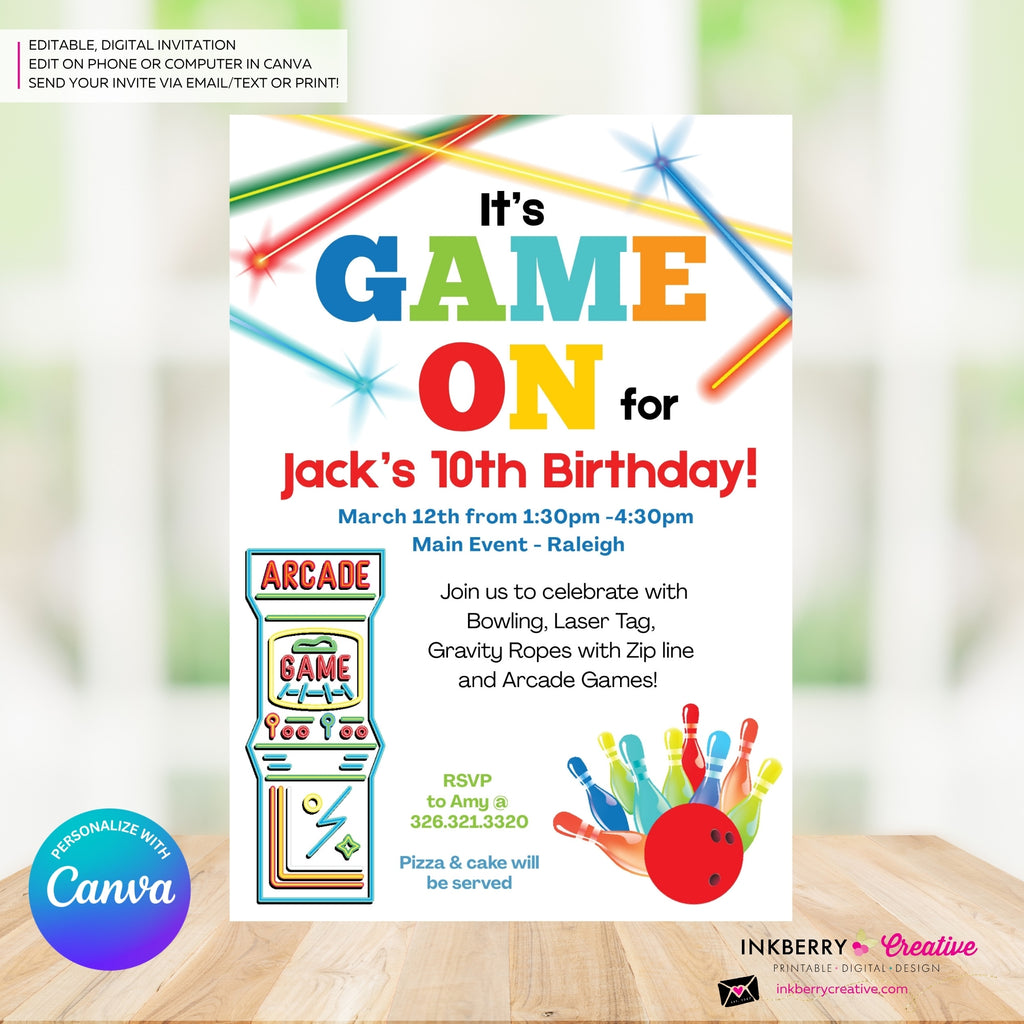 Game On - Arcade Games, Pizza Birthday Party Invitation - Boys Arcade Game Pizza Party - Printable, Digital File, Edit in Canva