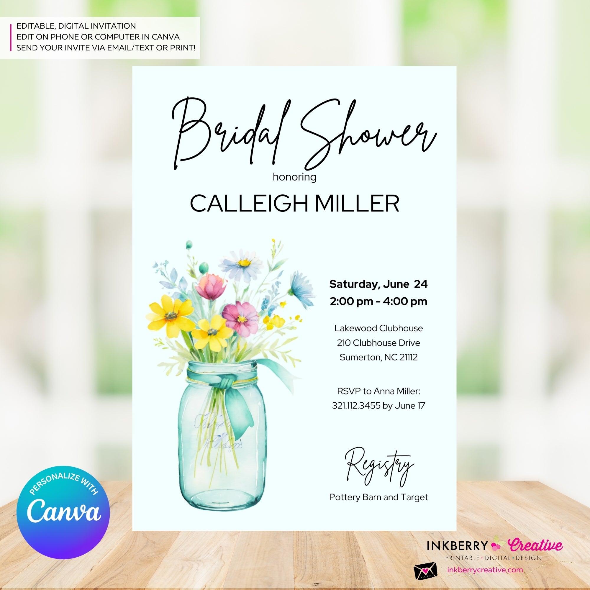 Wild Flower Mason Jar Bridal Shower Invitation, Colorful Wildflowers Floral Summer Spring Shower Invite, Digital, Edit in Canva