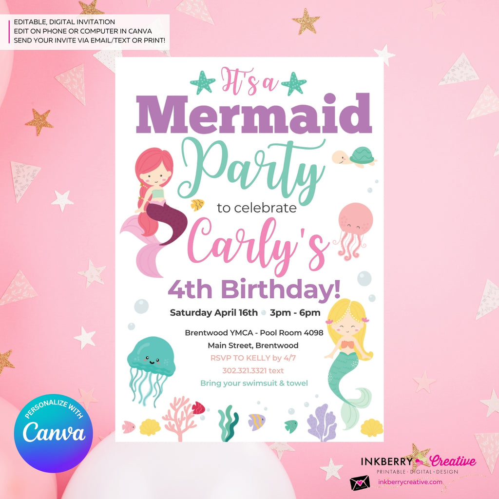 Mermaid Birthday Party Invitation, Under the Sea, Ocean, Beach, Jelly Fish, Star Fish, Shells - Printable Instant Download, Edit in Canva