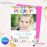 Hooray Confetti Girls Photo Birthday Party Invitation, Printable, Instant Download, Editable, Digital Invite, Edit in Canva