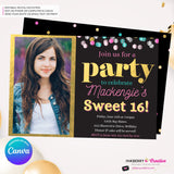 Confetti Pop Photo Party Invitation - Any Age, Any Occasion, Gold, Aqua, Pink Confetti, Birthday Photo invite, Sweet 16, Edit in Canva