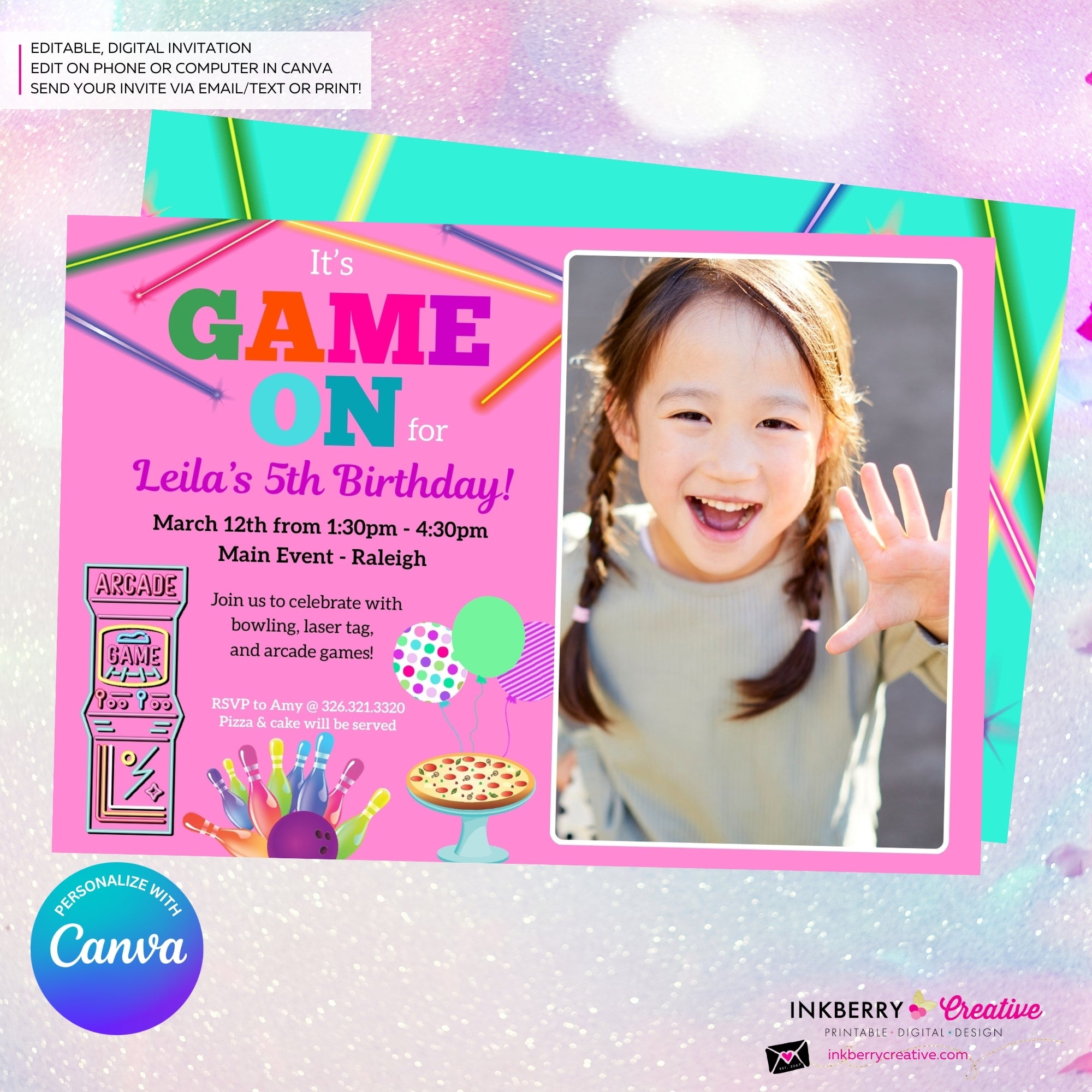Game On Girls Pink PHOTO Arcade, Pizza, Bowling Birthday Party Digital, Printable Invitation - Edit in Canva
