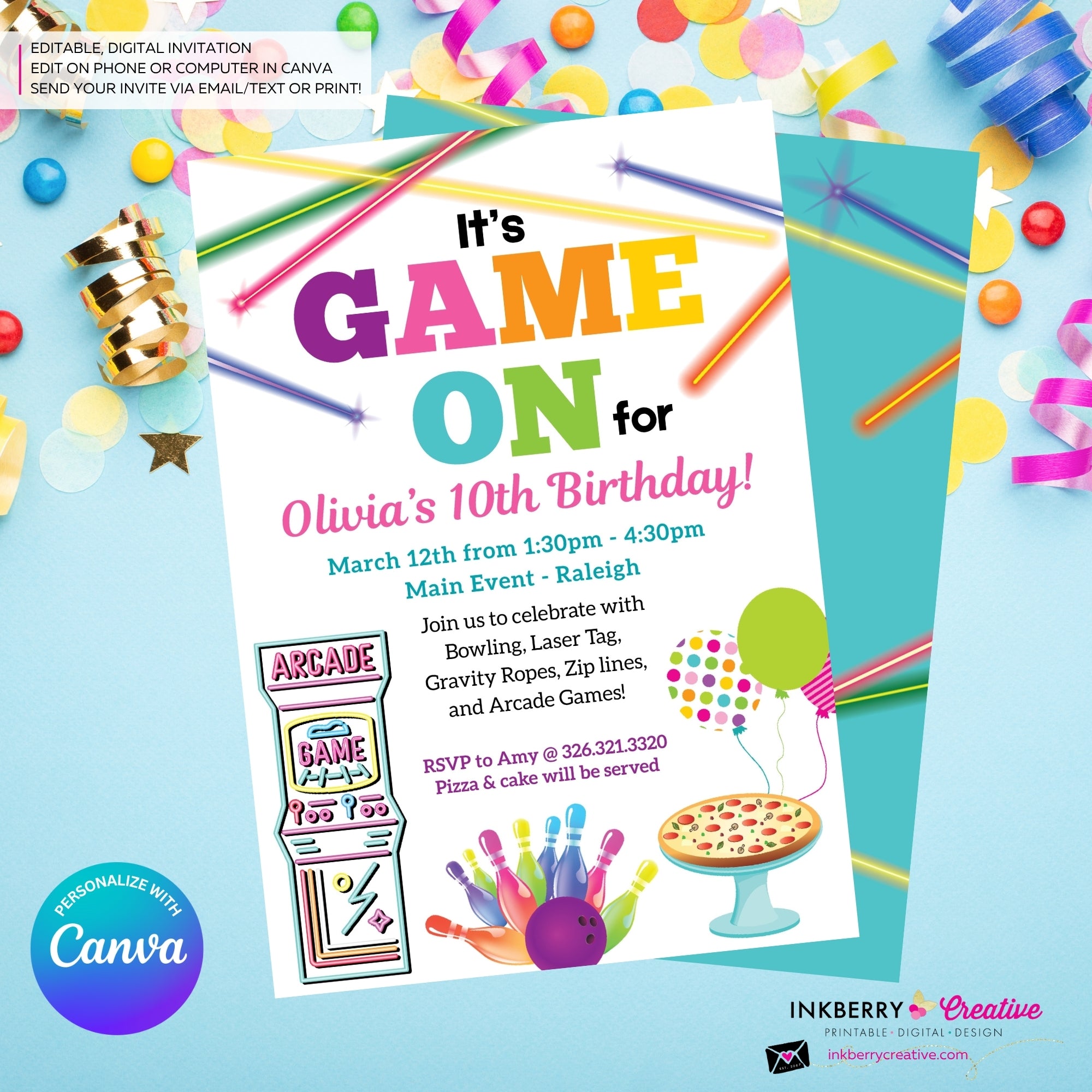 Game On - Arcade Games, Pizza, Bowling, Birthday Party Invitation - Girls Arcade Pizza Party - Printable, Instant Download, Edit in Canva