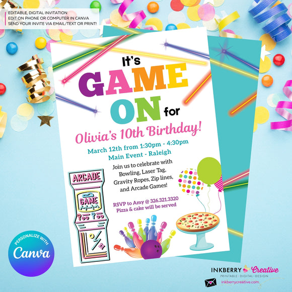 Game On - Arcade Games, Pizza, Bowling, Birthday Party Invitation - Girls Arcade Pizza Party - Printable, Instant Download, Edit in Canva