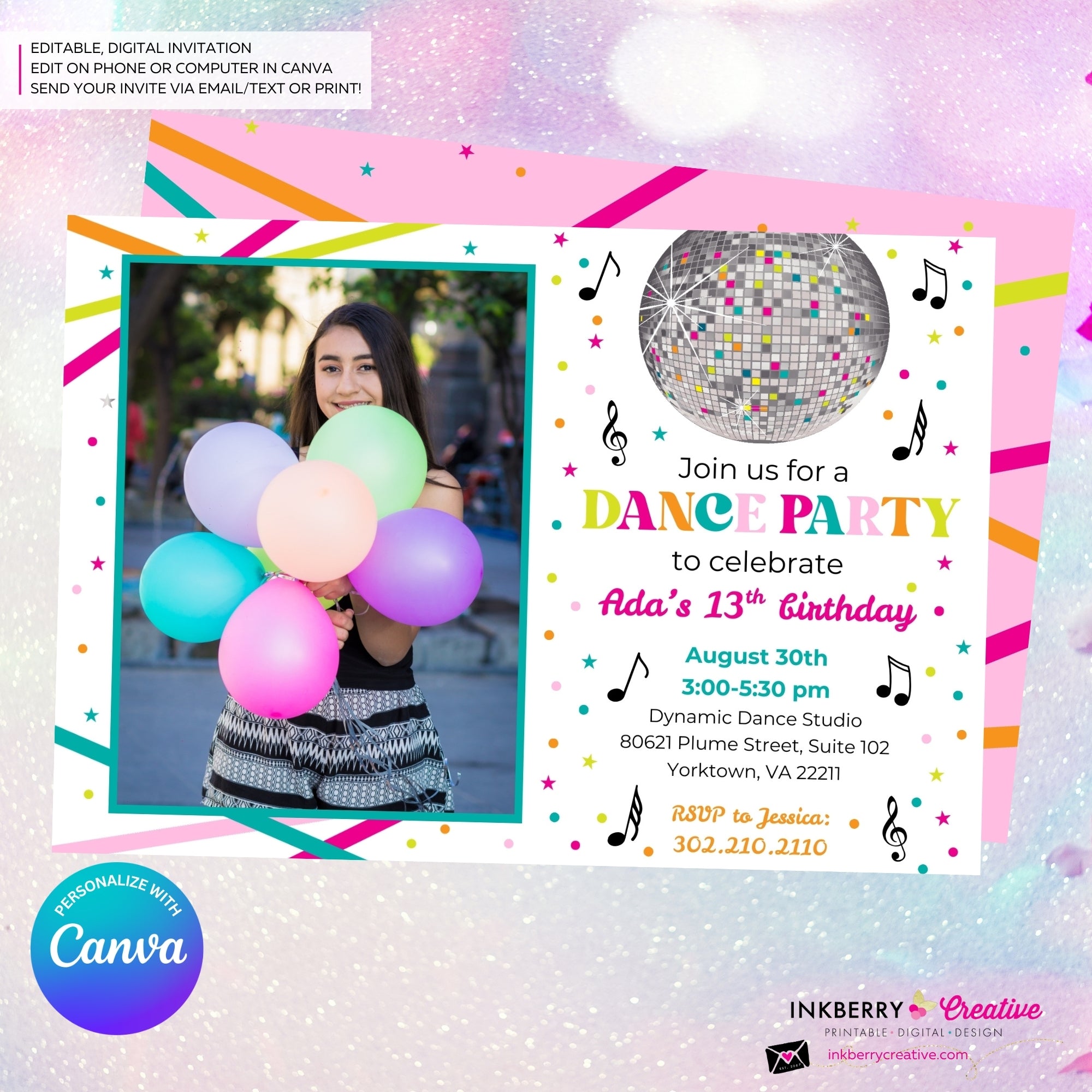 Neon Dance Party Birthday Party Photo Invitation, Digital, Printable File, Edit in Canva