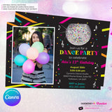Neon Dance Party Birthday Party Photo Invitation, Digital, Printable File, Edit in Canva