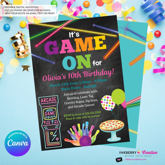 Game On - Arcade Games, Laser Tag, Pizza, Bowling Birthday Party Invitation, Girls Arcade Party, Printable, Instant Download, Edit in Canva