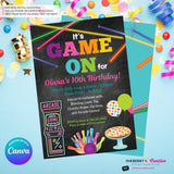 Game On - Arcade Games, Laser Tag, Pizza, Bowling Birthday Party Invitation, Girls Arcade Party, Printable, Instant Download, Edit in Canva