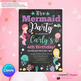 Mermaid Party Invitation - Chalkboard, Ocean Animals, Mermaids, Jelly Fish, Star Fish, Shells - Printable Instant Download, Edit in Canva