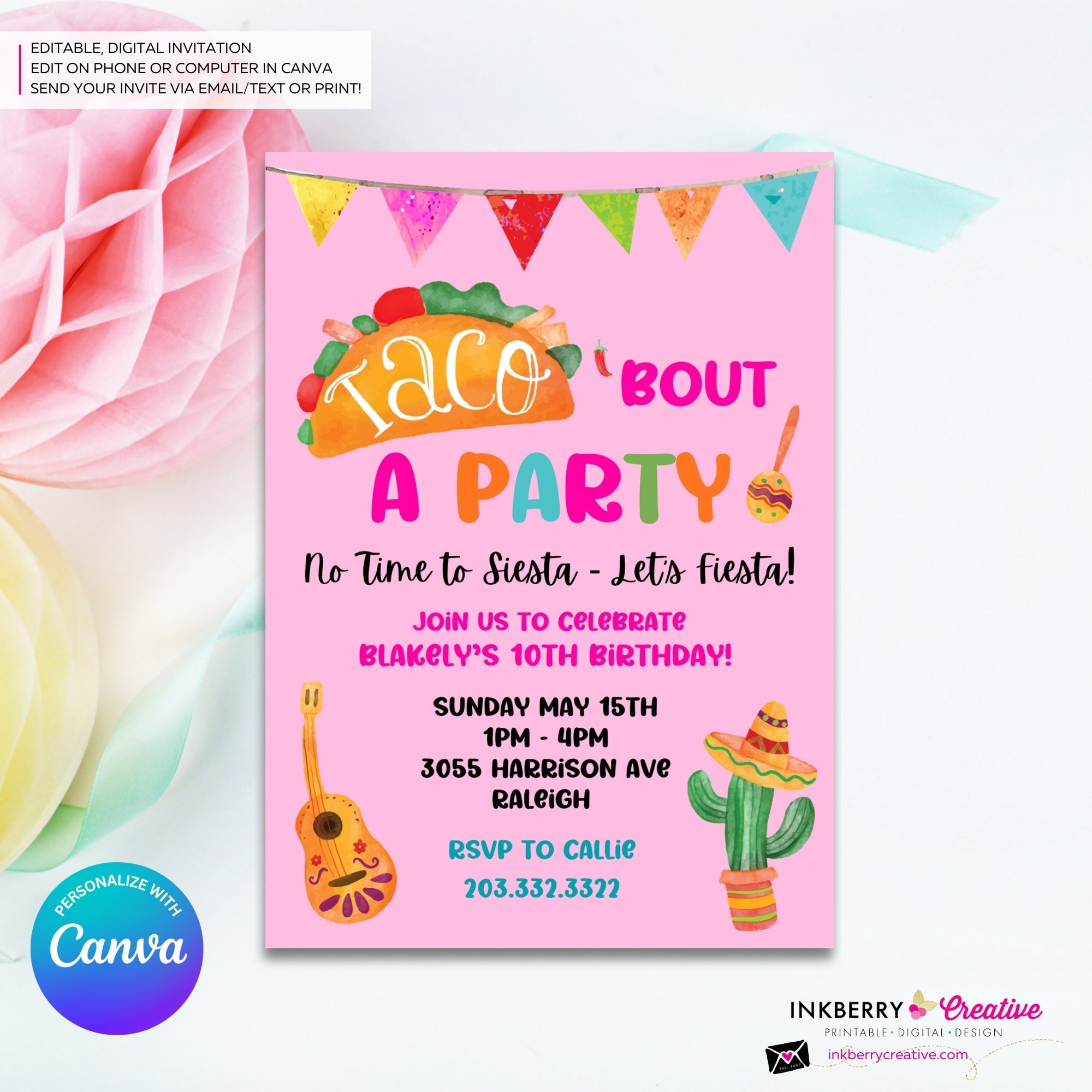 Taco Bout a Party Invitation (PINK) Mexican Fiesta, Canva Template (Digital Printable File)