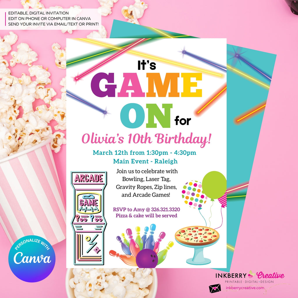 Game On - Arcade Games, Pizza, Bowling, Birthday Party Invitation - Girls Arcade Pizza Party - Printable, Instant Download, Edit in Canva