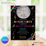 Neon Glow Dance Party Invitation (Black) with Disco Ball - Printable, Instant Download, Edit in Canva