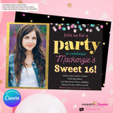 Confetti Pop Photo Party Invitation - Any Age, Any Occasion, Gold, Aqua, Pink Confetti, Birthday Photo invite, Sweet 16, Edit in Canva