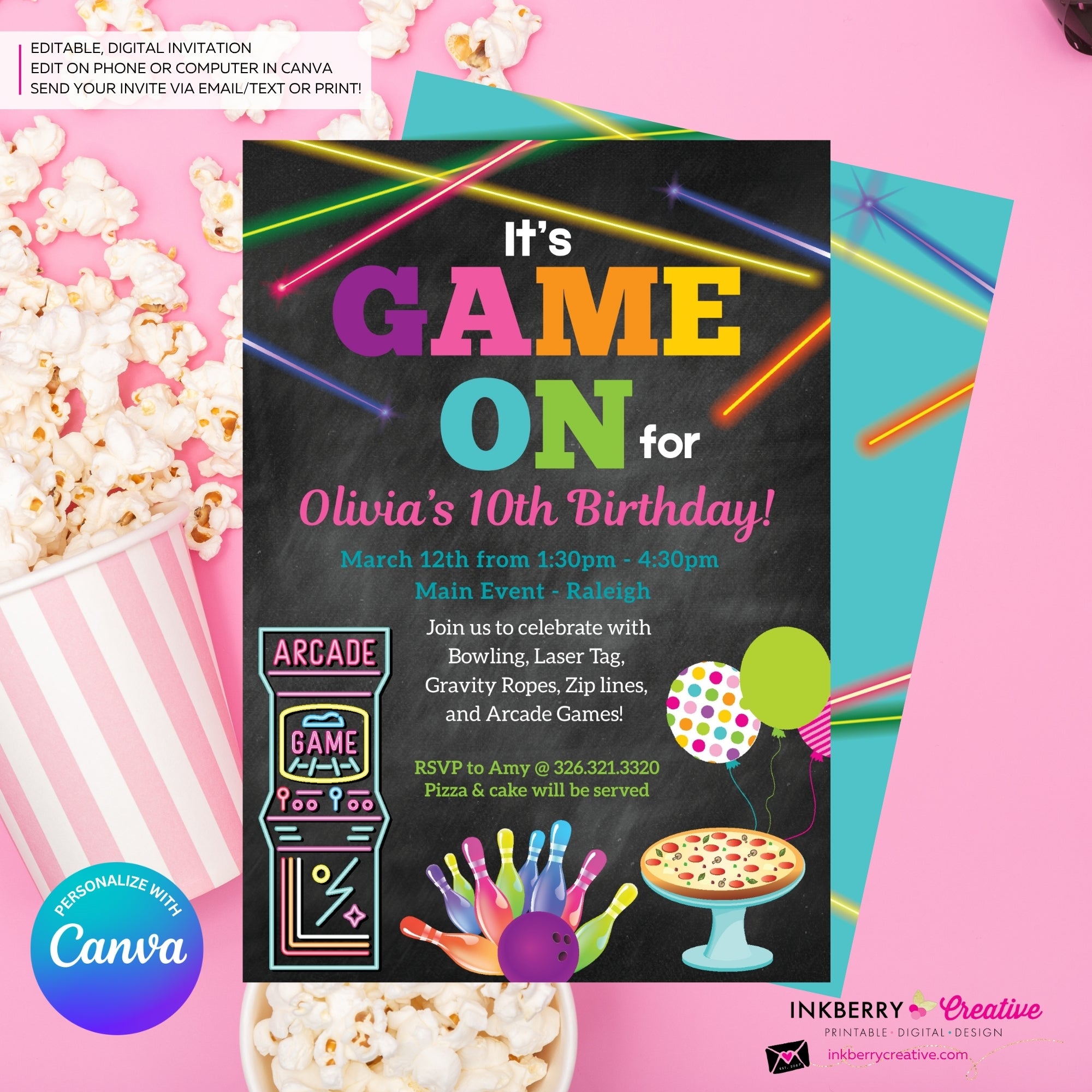 Game On - Arcade Games, Laser Tag, Pizza, Bowling Birthday Party Invitation, Girls Arcade Party, Printable, Instant Download, Edit in Canva