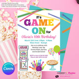 Game On - Arcade Games, Pizza, Bowling, Birthday Party Invitation - Girls Arcade Pizza Party - Printable, Instant Download, Edit in Canva