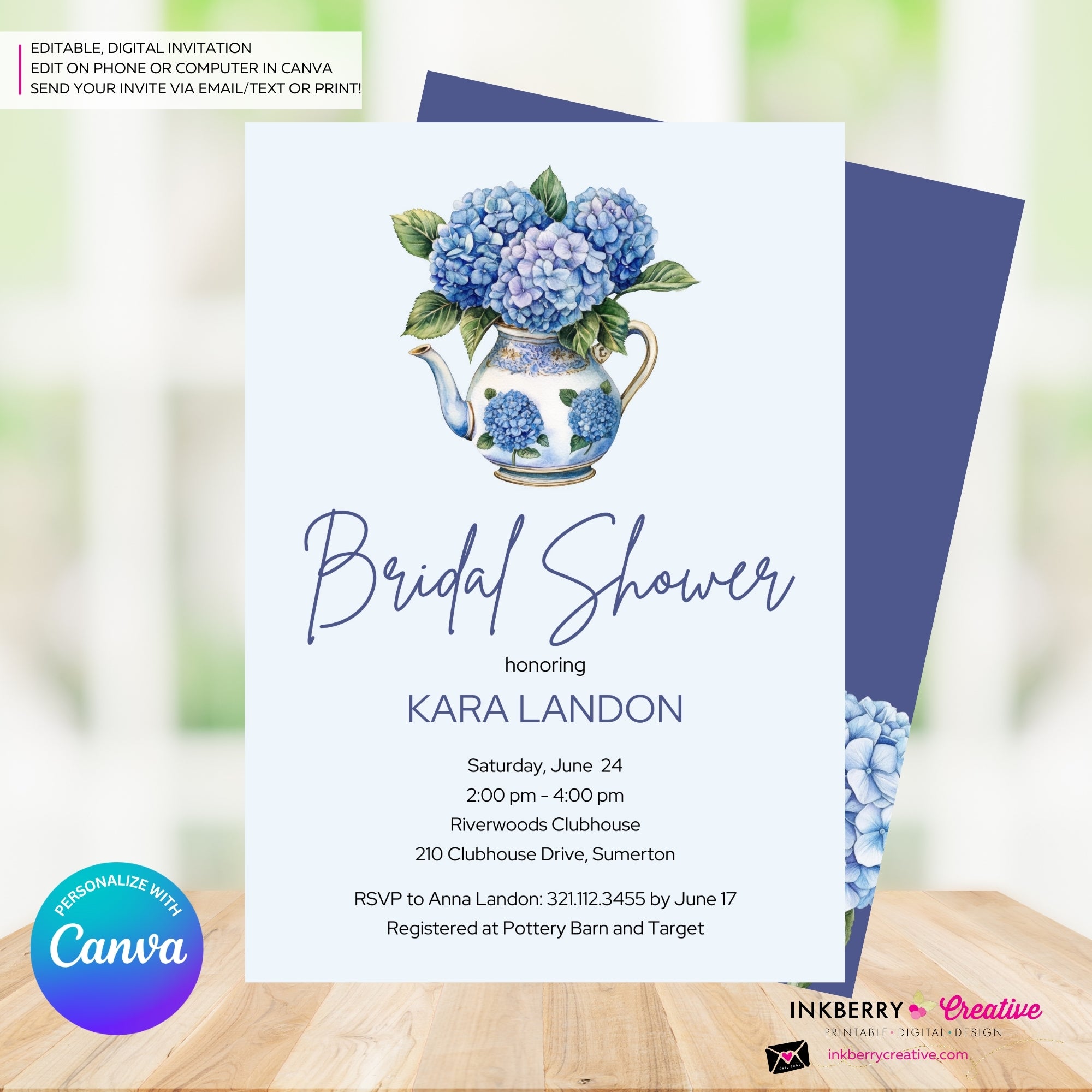 Hydrangea Bridal Shower Invitation, Blue Purple Hydrangea Invite, Wedding Engagement Baby, Digital, Edit and Personalize in Canva