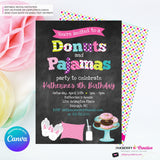 Donuts and Pajamas Party Invitation (Chalkboard Style) - Kids Donut Breakfast Pajama Birthday Party Invite - Edit in Canva