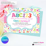 Alphabet Birthday Party Invitation Girls - Alphabet Theme Party Invite - Girl ABC Birthday Party - Personalize and Edit in Canva