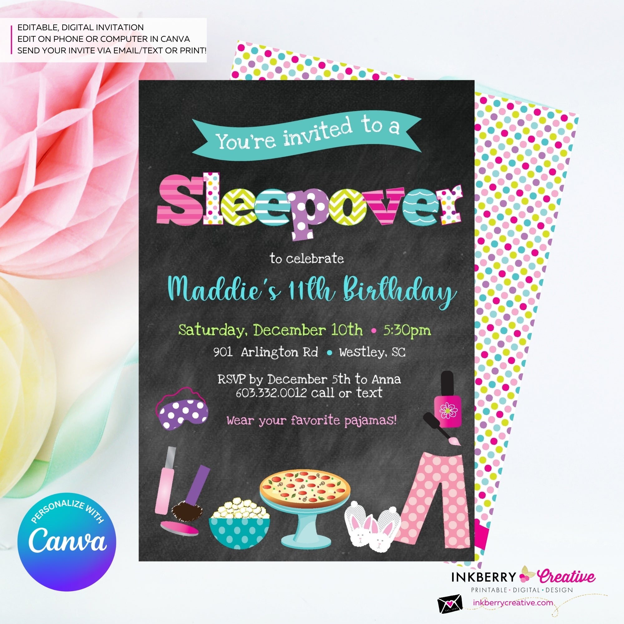 Sleepover Slumber Birthday Party Invitation (Chalkboard Style) - Kids Pizza Pajama Slumber Sleepover Birthday Party Invite - Printable, Instant Download, Edit in Canva