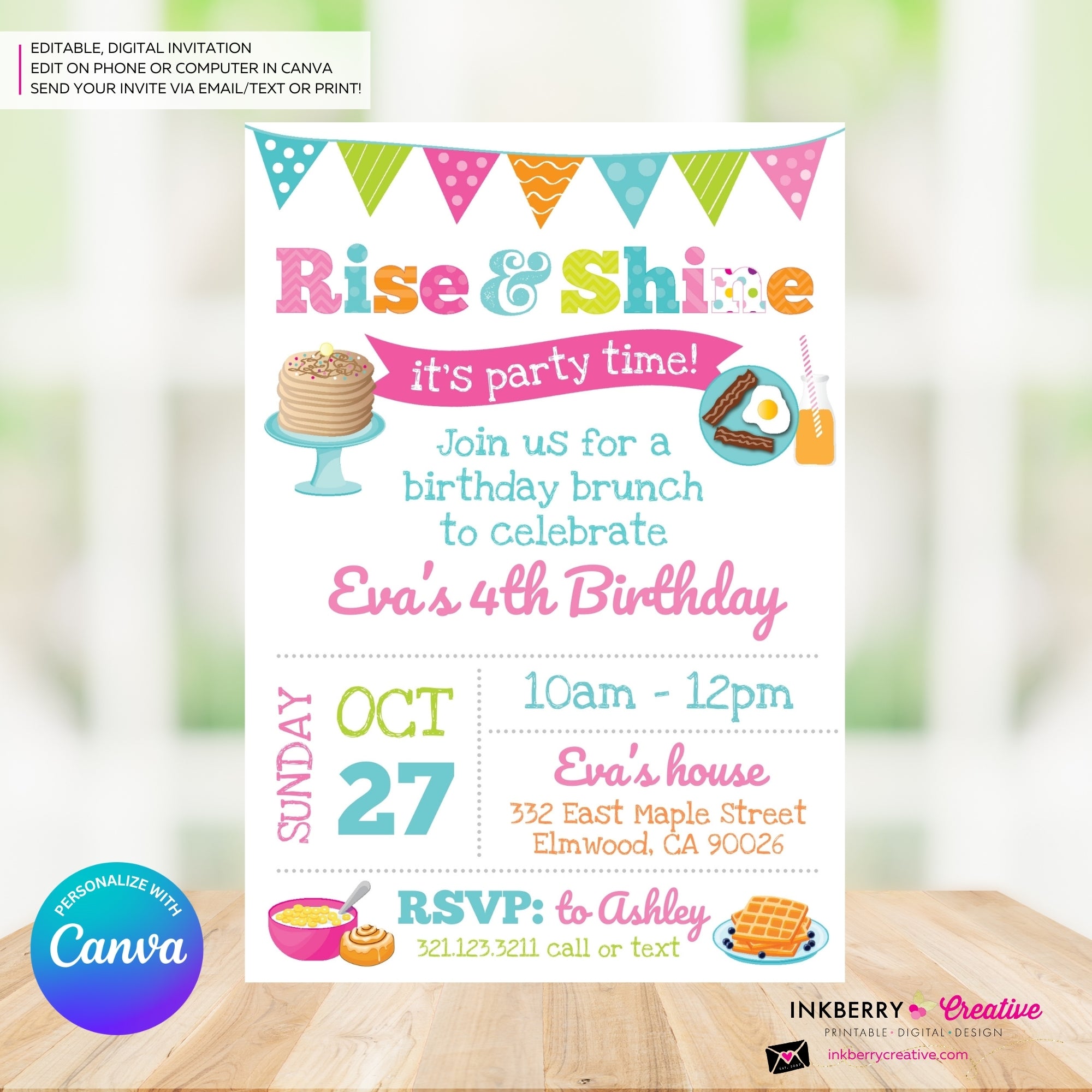 Rise and Shine Girls Birthday Breakfast Brunch Party Invitation, Pancakes, Bacon, Eggs, Waffles - Editable in Canva