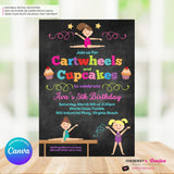 Gymnastics Party Invitation (Chalkboard) - Cartwheels and Cupcakes Gymnastics Birthday Party Invite - Printable, Instant Download, Edit in Canva