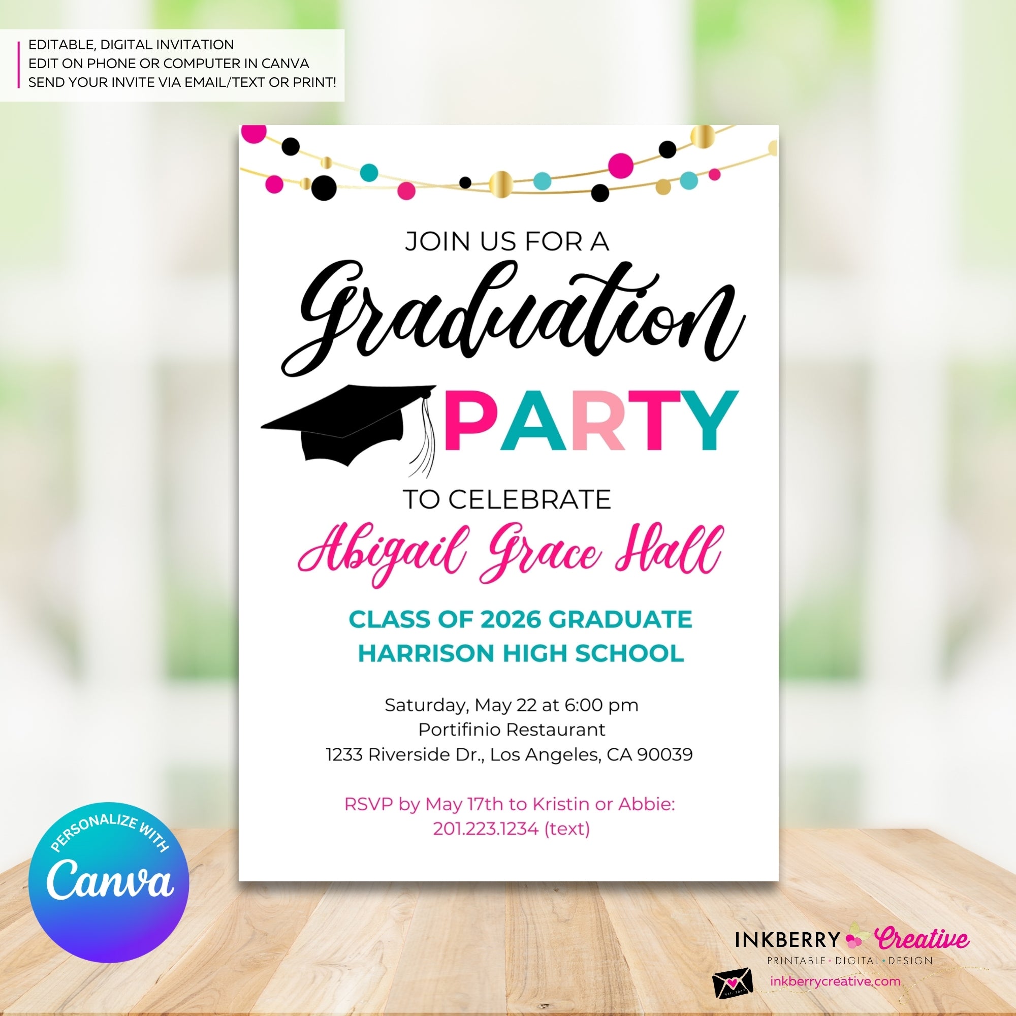 Colorful Graduation Garland Party Invitation - Photo Back - Editable in Canva