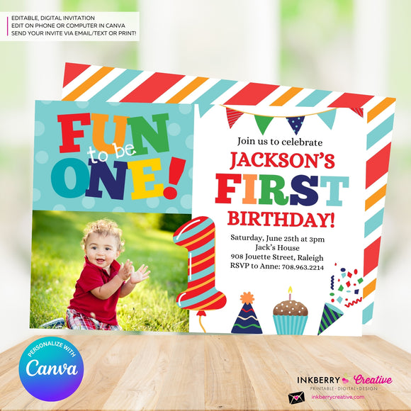 Fun to be One 1st Birthday Invite, Colorful Boys First Birthday Photo Invitation, Primary Colors, Printable, Digital Download, Edit in Canva