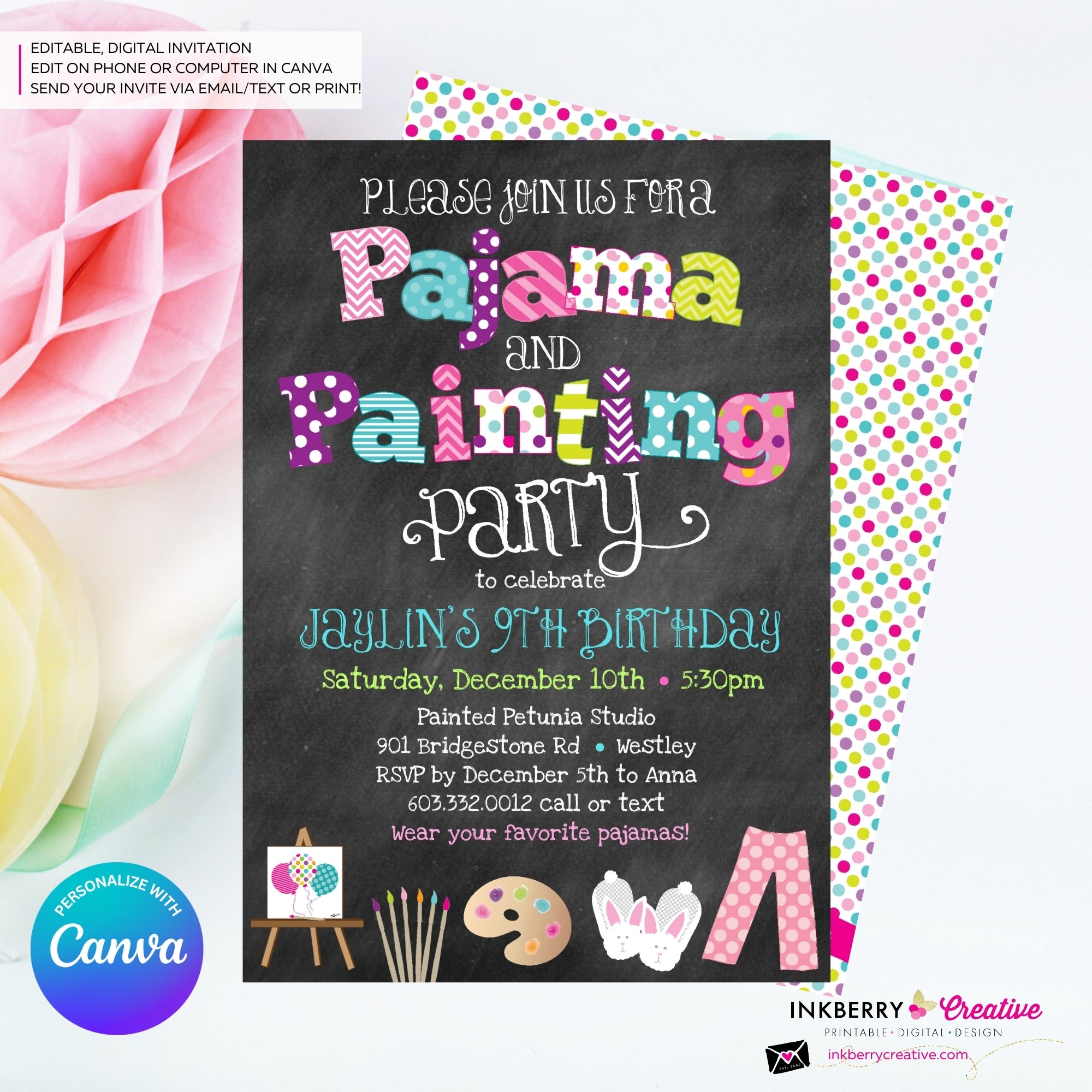 Pajama and Painting Birthday Party Invitation - Chalkboard Style