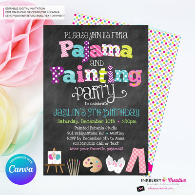 Pajama and Painting Birthday Party Invitation - Chalkboard Style