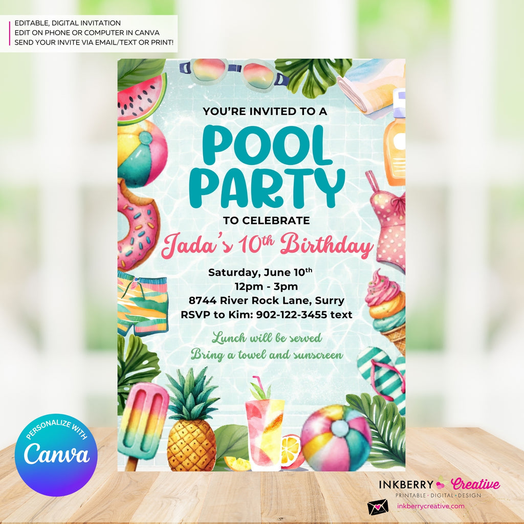 Summertime Fun Pool Party Invitation - Summer Pool Party - Printable, Instant Download, Editable in Canva
