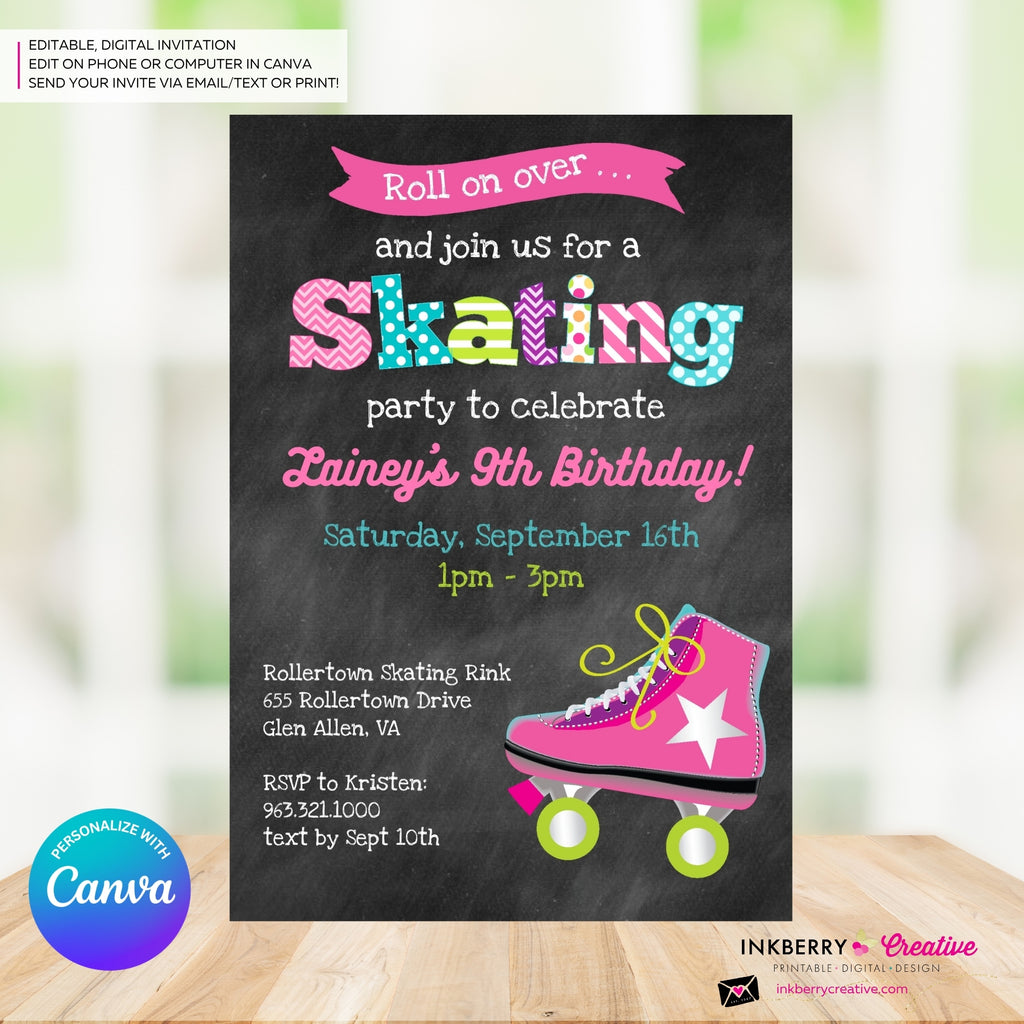 Editable Roller Skating Birthday Party Invitation - Girls Roller Skate Party Invite, Chalkboard, Roller Skating Rink Invite, Edit in Canva