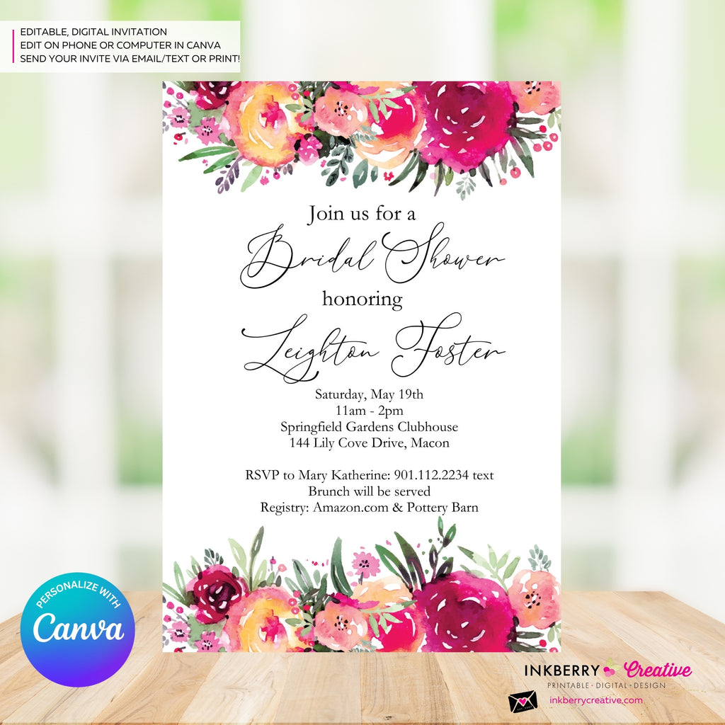 Bright Painted Floral Bridal Shower Invitation, Watercolor Flowers, Summer Spring Shower, Digital Invite, Personalize and Edit in Canva