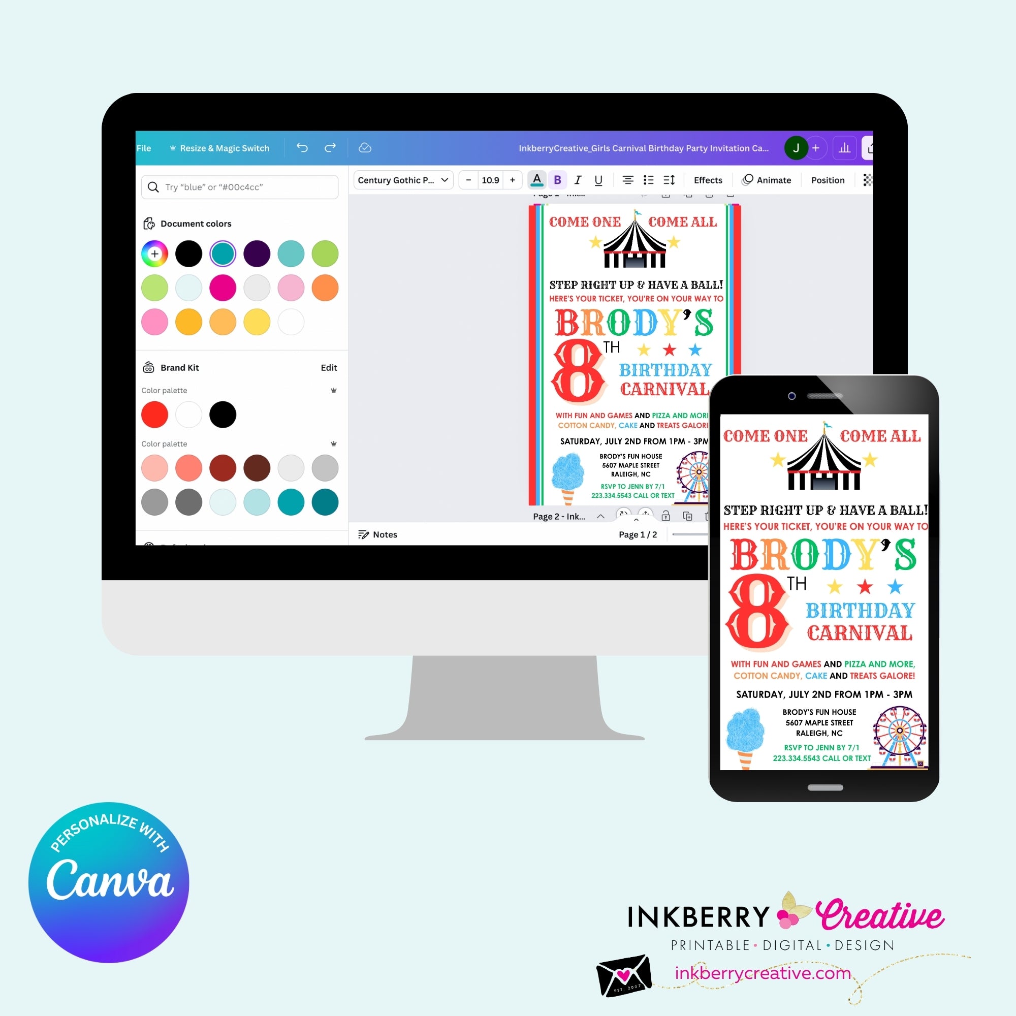 Carnival Birthday Party Invitation - Digital File, Personalize and Edit in Canva