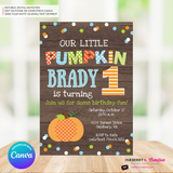 Pumpkin First Birthday (Boys) Woodgrain, Confetti Party Invitation - Printable, Edit in Canva