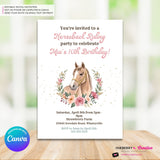 Horseback Riding Birthday Party Invitation, Watercolor, Horse, Flowers - Printable, Instant Download, Edit in Canva