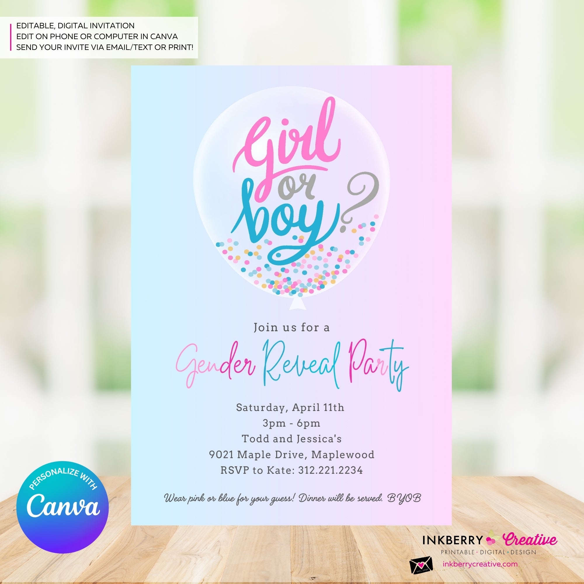 Pink Blue Confetti Balloon Gender Reveal Party Invitation, Printable, Digital, Instant Download, Edit in Canva