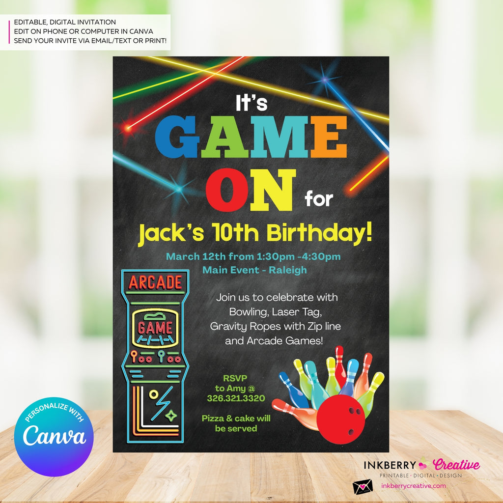 Game On - Arcade Games, Laser Tag, Bowling Birthday Party Invitation - Boys Arcade Game Party - Printable, Instant Download, Edit in Canva