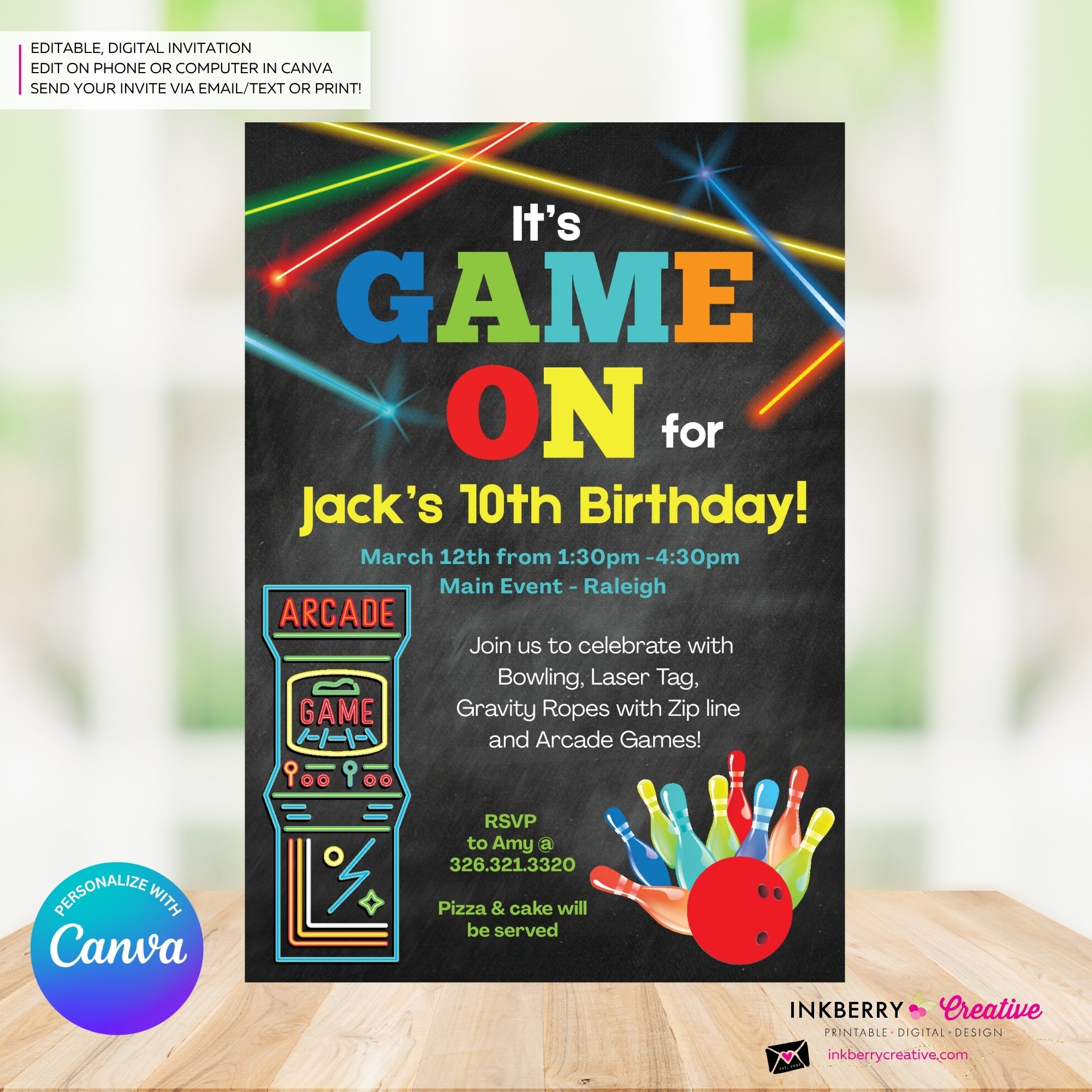 Game On - Arcade Games, Laser Tag, Bowling Birthday Party Invitation - Boys Arcade Game Party - Printable, Instant Download, Edit in Canva
