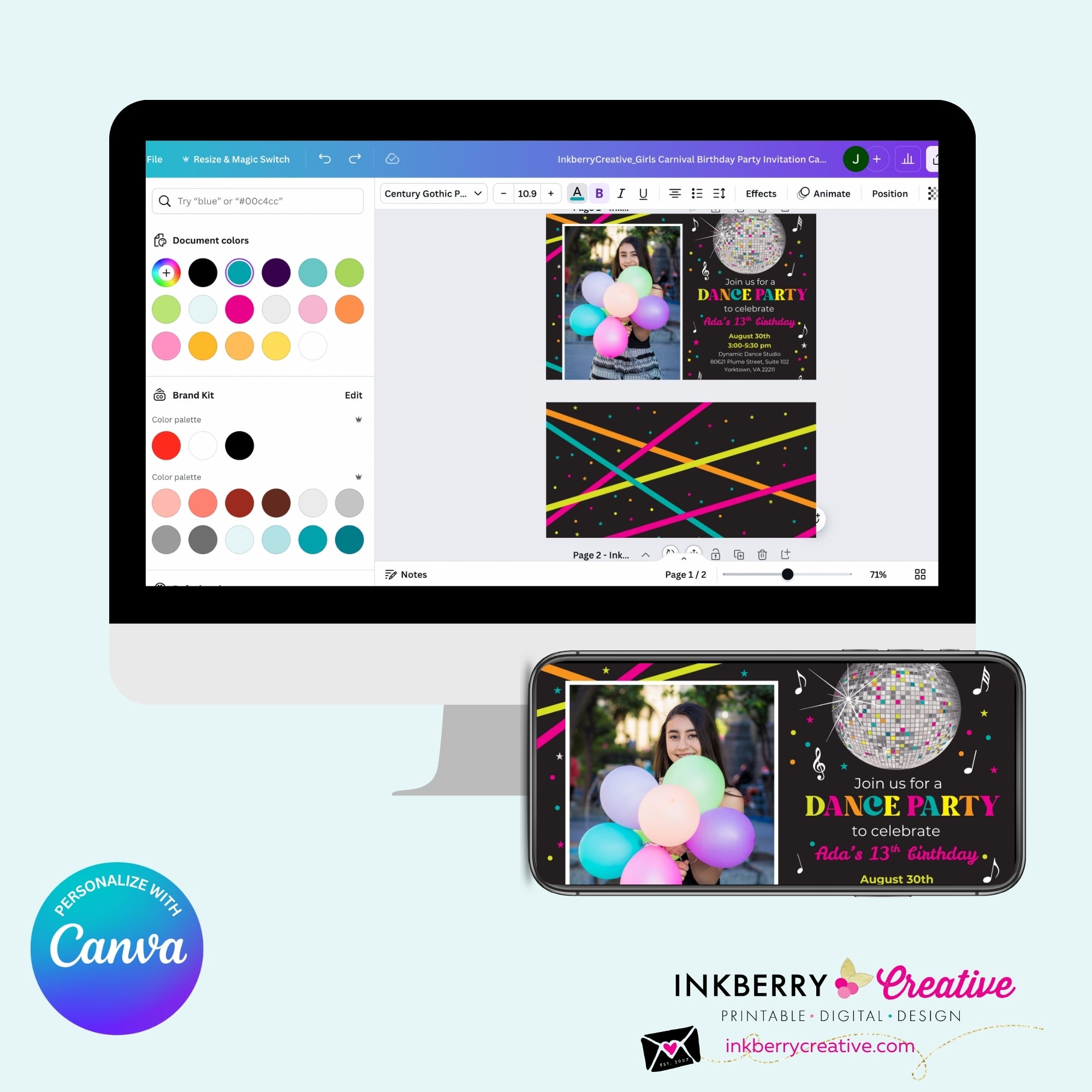 Neon Dance Party Birthday Party Photo Invitation, Digital, Printable File, Edit in Canva