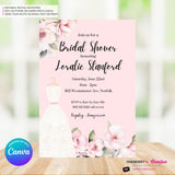 Pink Rose Wedding Dress Bridal Shower Invitation - Digital, Printable, Edit in Canva