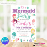 Mermaid Birthday Party Invitation, Under the Sea, Ocean, Beach, Jelly Fish, Star Fish, Shells - Printable Instant Download, Edit in Canva