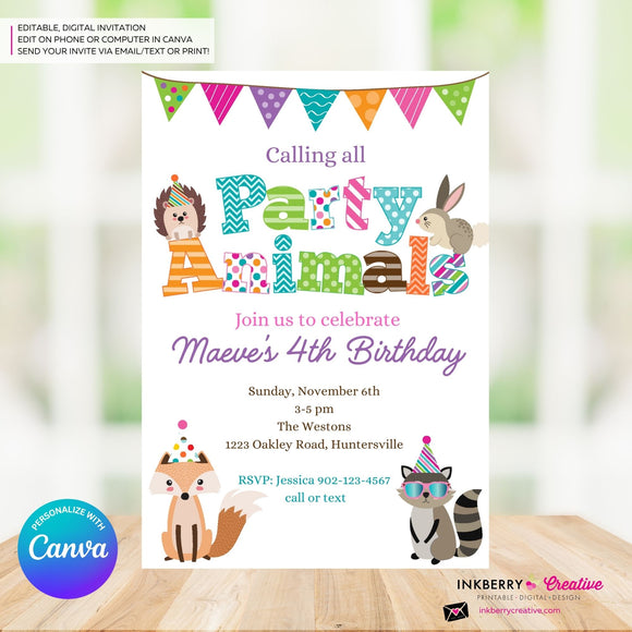 Editable Party Animal Birthday Party Invitation - Girls Cute Woodland Forest Animals Party Invite, Customize and Edit in Canva