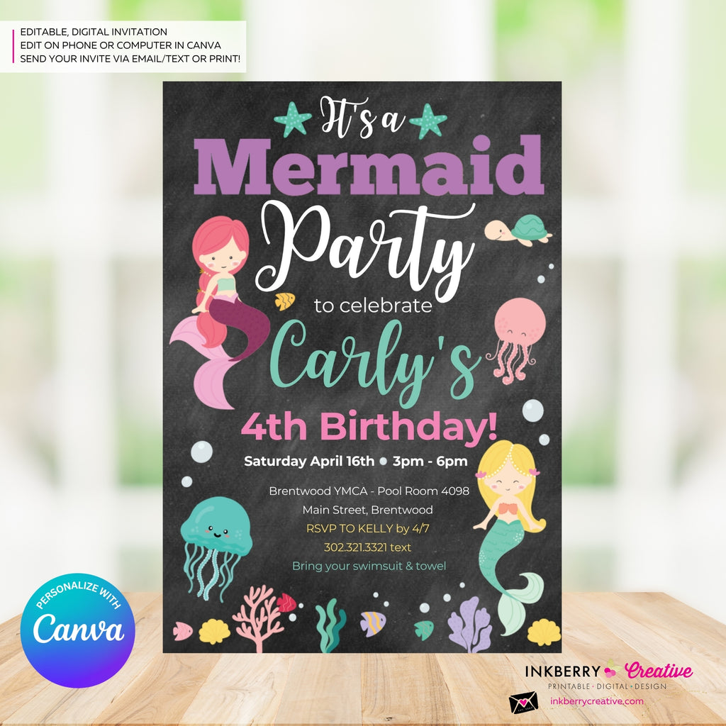 Mermaid Party Invitation - Chalkboard, Ocean Animals, Mermaids, Jelly Fish, Star Fish, Shells - Printable Instant Download, Edit in Canva