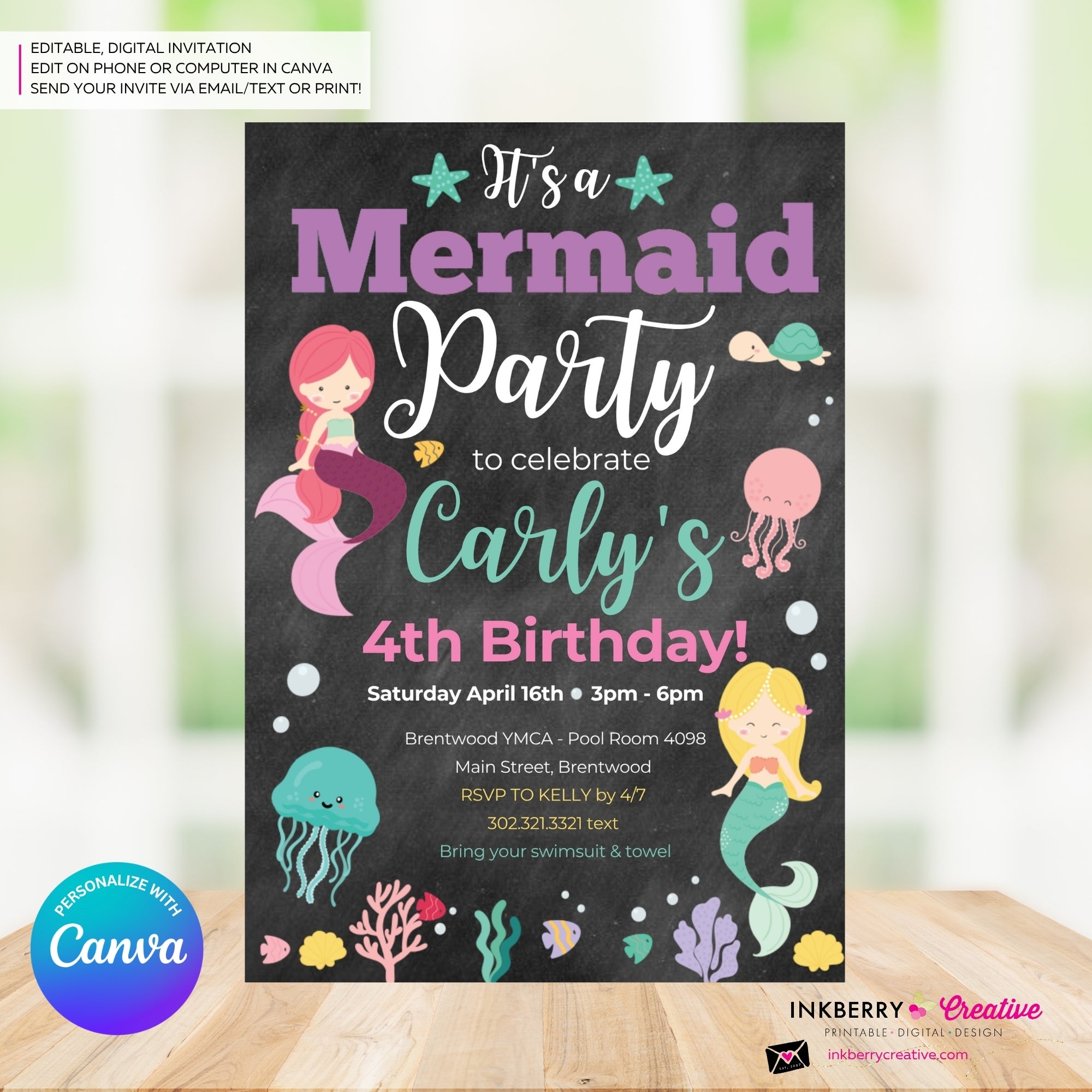 Mermaid Party Invitation - Chalkboard, Ocean Animals, Mermaids, Jelly Fish, Star Fish, Shells - Printable Instant Download, Edit in Canva