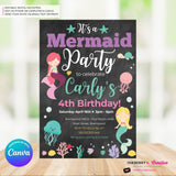 Mermaid Party Invitation - Chalkboard, Ocean Animals, Mermaids, Jelly Fish, Star Fish, Shells - Printable Instant Download, Edit in Canva
