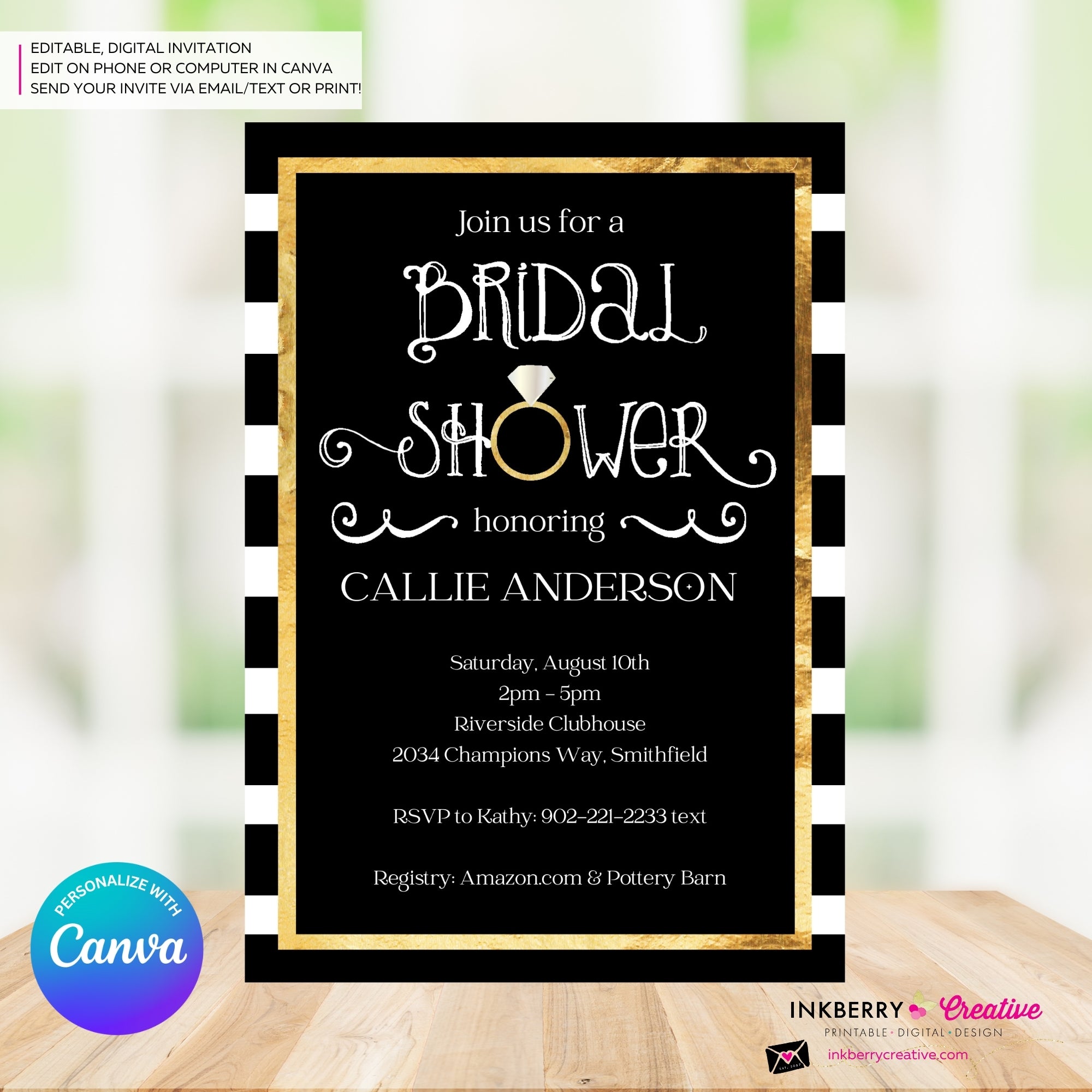 Black White and Gold Ring Bridal Shower Invitation- Digital, Printable File, Personalize and Edit in Canva