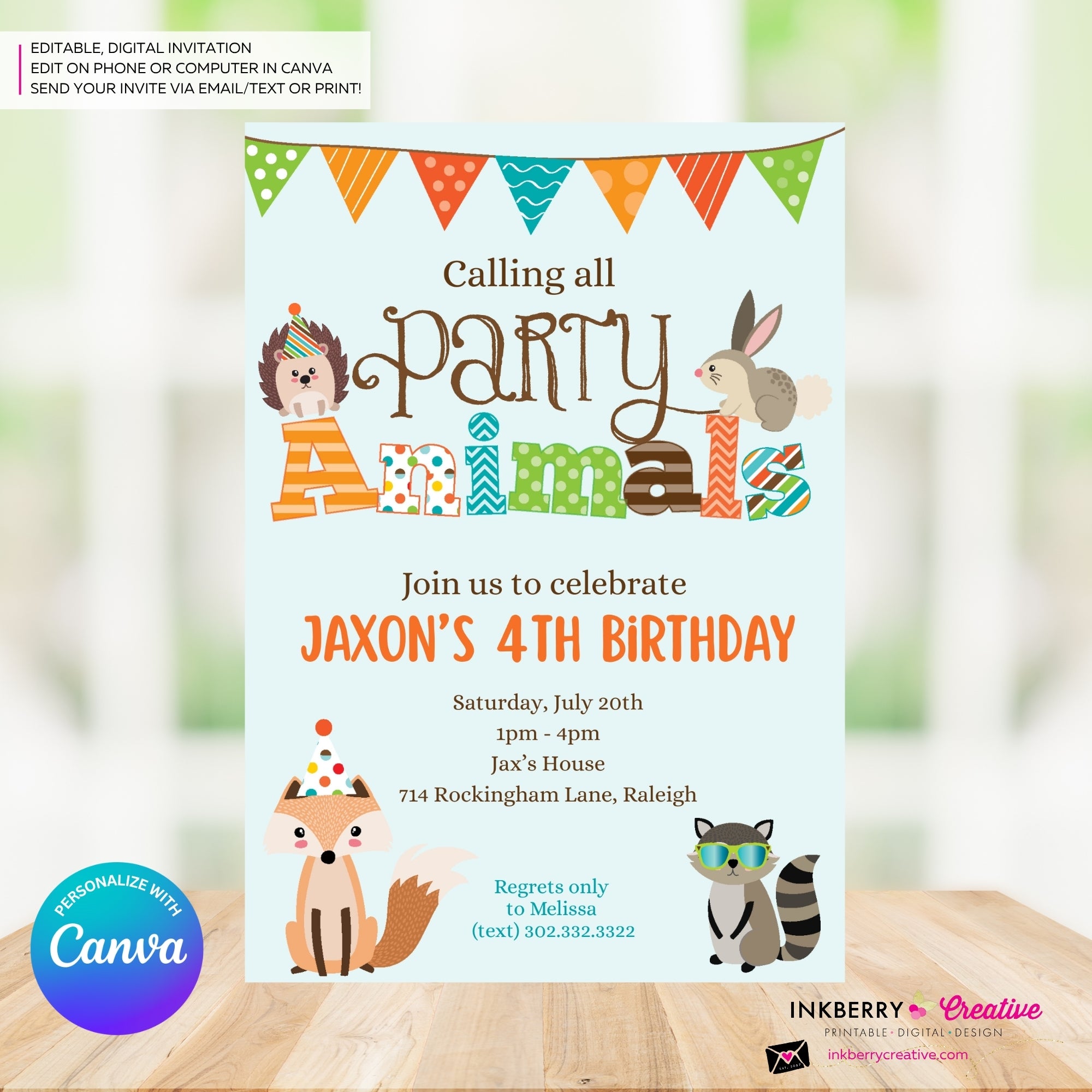 Editable Party Animal Birthday Party Invitation - Boys Cute Woodland Forest Animals Party Invite, Customize and Edit in Canva